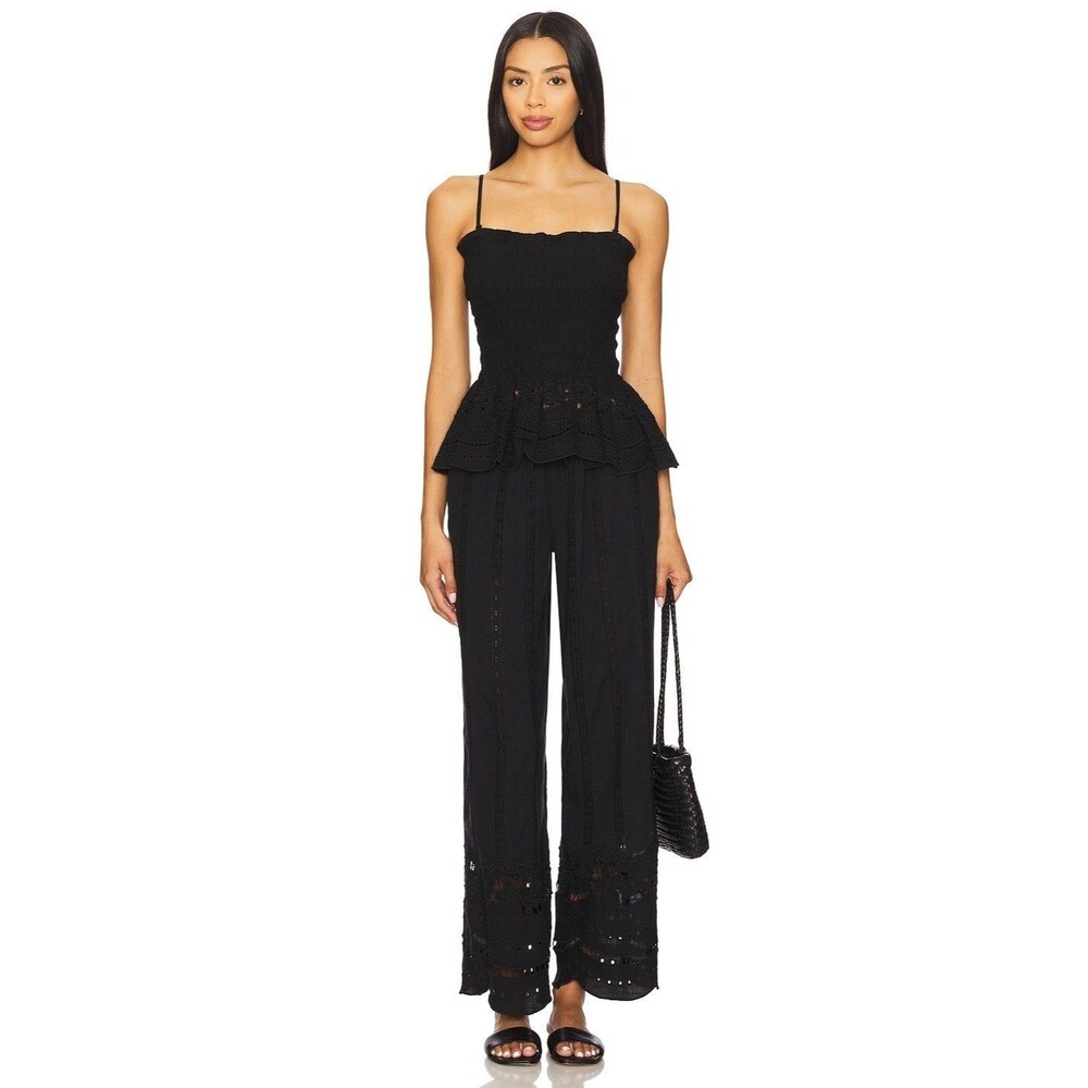 Damson Madder Martina Cami Tank Top Smocked Broderie Cutout Black M-10 287412 - Picture 3 of 9